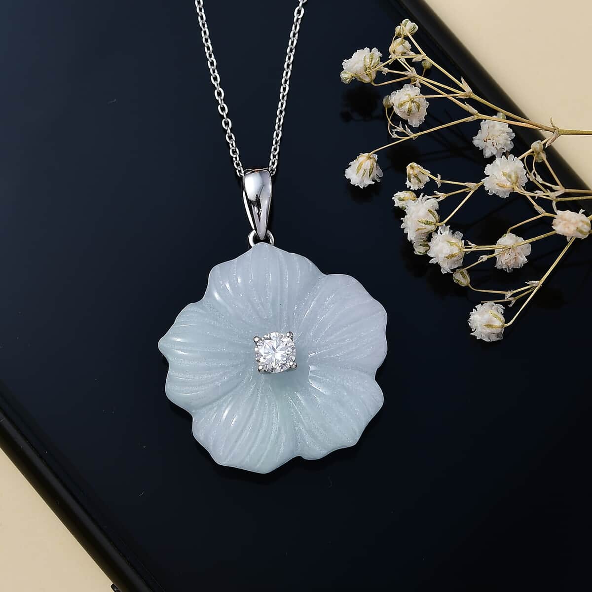 Natural Jade Carved and Moissanite 42.40 ctw Primrose Floral Pendant Necklace in Platinum Over Sterling Silver 20 Inches image number 2