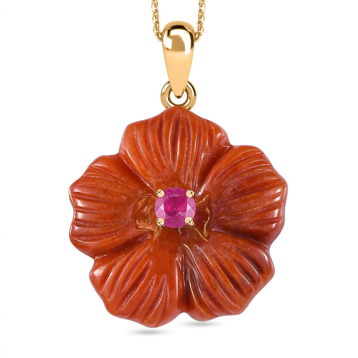 Red Jade Carved (D) and Niassa Ruby (FF) 40.65 ctw Primrose Floral Pendant Necklace in Vermeil Yellow Gold Over Sterling Silver 20 Inches image number 0