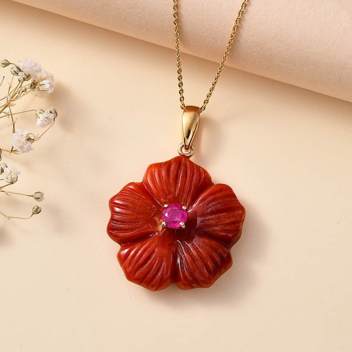 Red Jade Carved (D) and Niassa Ruby (FF) 40.65 ctw Primrose Floral Pendant Necklace in Vermeil Yellow Gold Over Sterling Silver 20 Inches image number 1