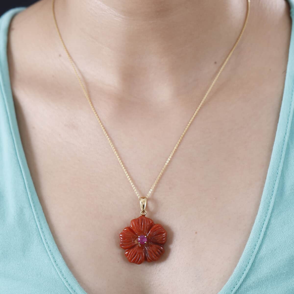 Red Jade Carved (D) and Niassa Ruby (FF) 40.65 ctw Primrose Floral Pendant Necklace in Vermeil Yellow Gold Over Sterling Silver 20 Inches image number 2