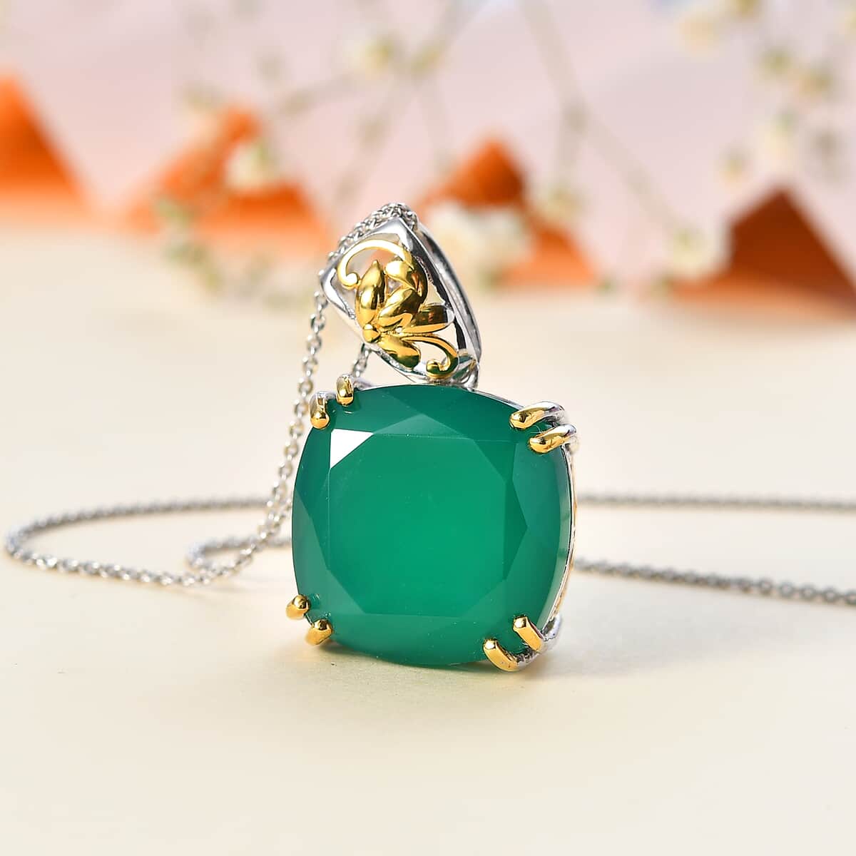 Verde Onyx Solitaire Pendant Necklace 20 Inches in Vermeil YG and Platinum Over Sterling Silver  20.10 ctw image number 1