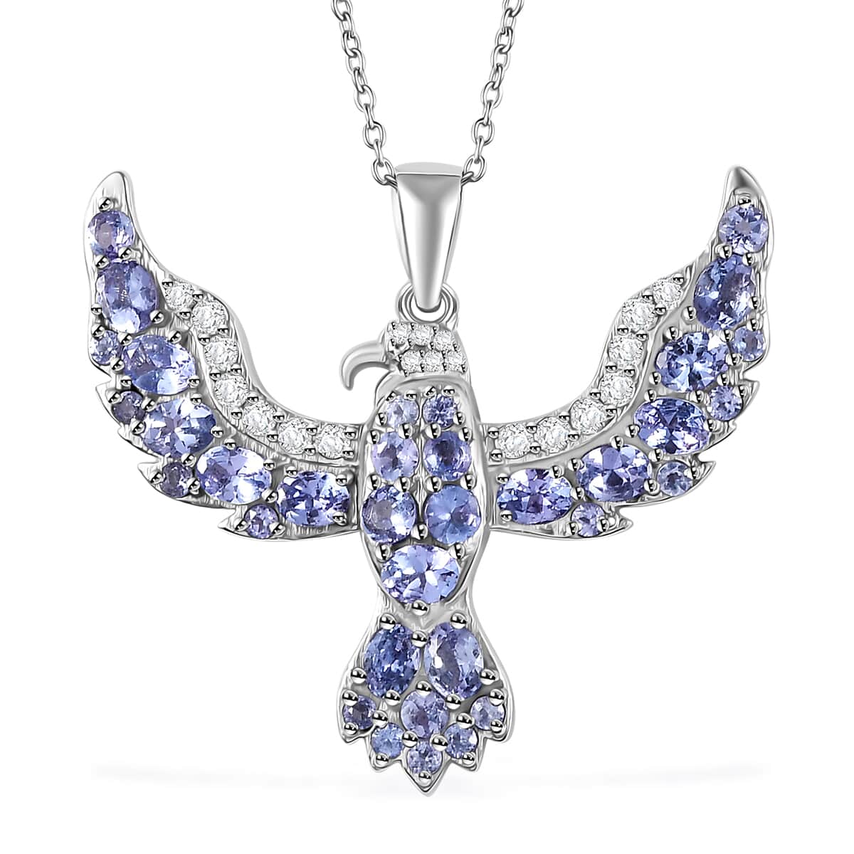 Tanzanite and White Zircon Eagle Pendant Necklace 20 Inches in Rhodium Over Sterling Silver 3.70 ctw image number 0