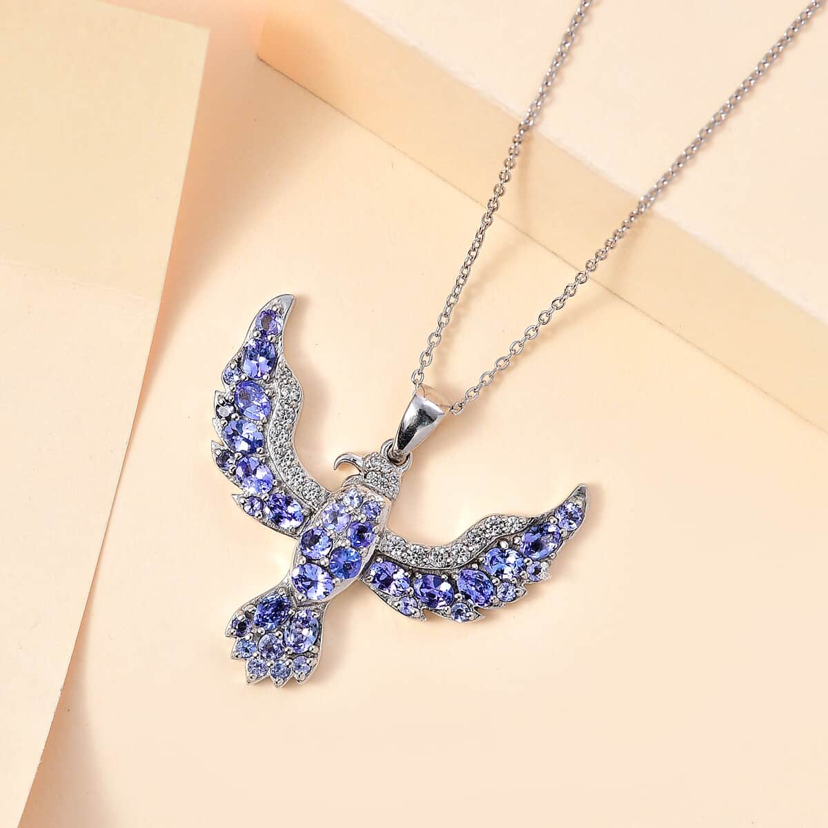 Tanzanite and White Zircon Eagle Pendant Necklace 20 Inches in Rhodium Over Sterling Silver 3.70 ctw image number 1