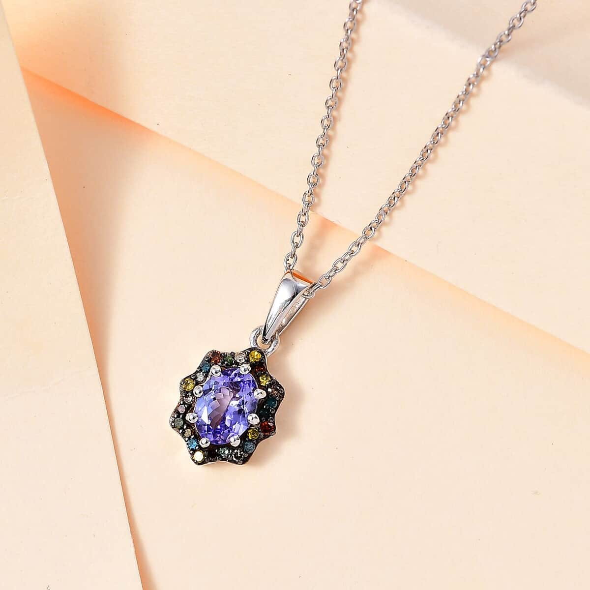 Tanzanite and Multi Gemstone Northern Lights Pendant Necklace 20 Inches in Rhodium Over Sterling Silver 1.15 ctw image number 1