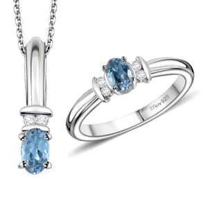 Santa Maria Aquamarine and White Zircon Ring (Size 5.0) and Pendant Necklace 20 Inches in Rhodium Over Sterling Silver 0.50 ctw