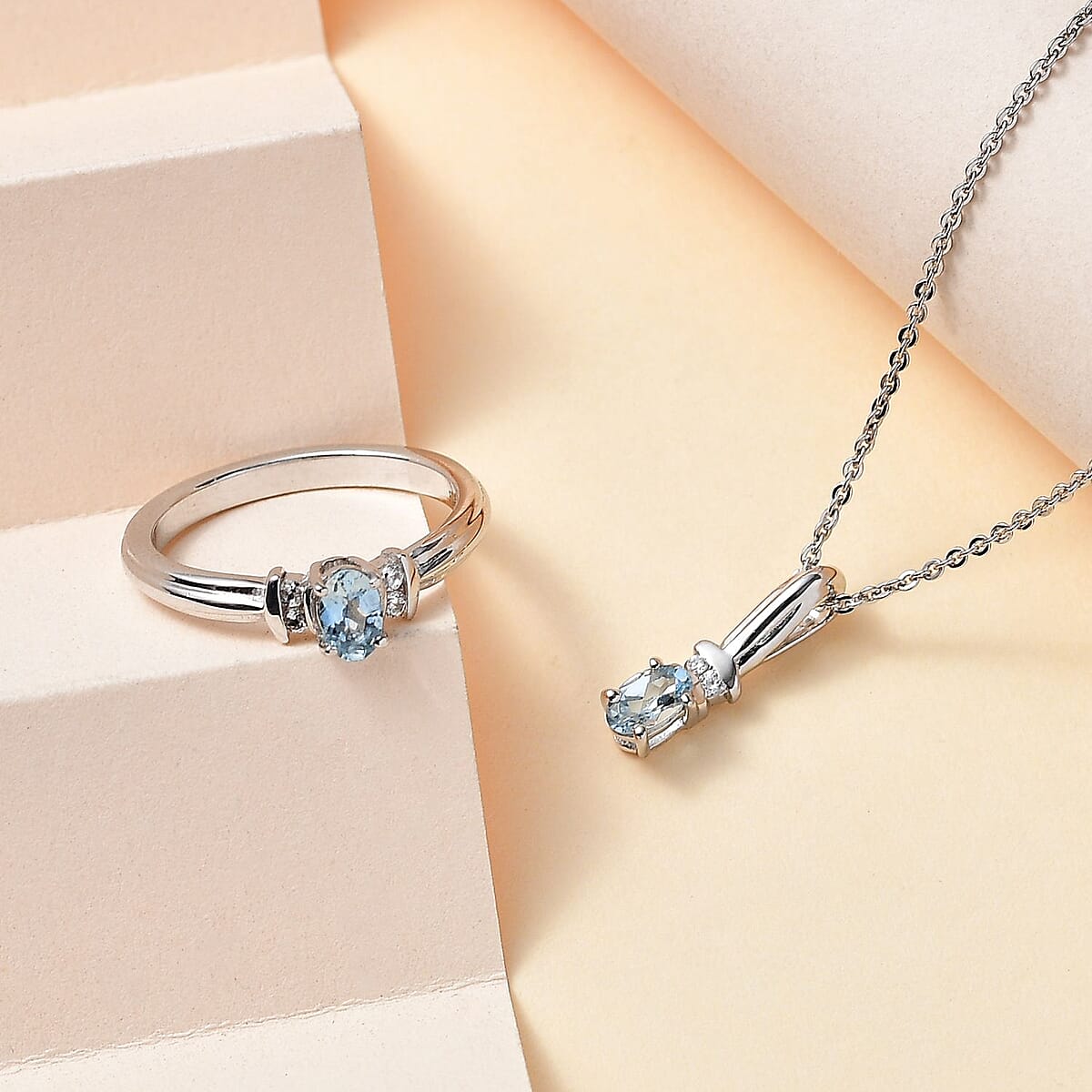 Santa Maria Aquamarine and White Zircon Ring (Size 7.0) and Pendant Necklace 20 Inches in Rhodium Over Sterling Silver 0.50 ctw image number 1