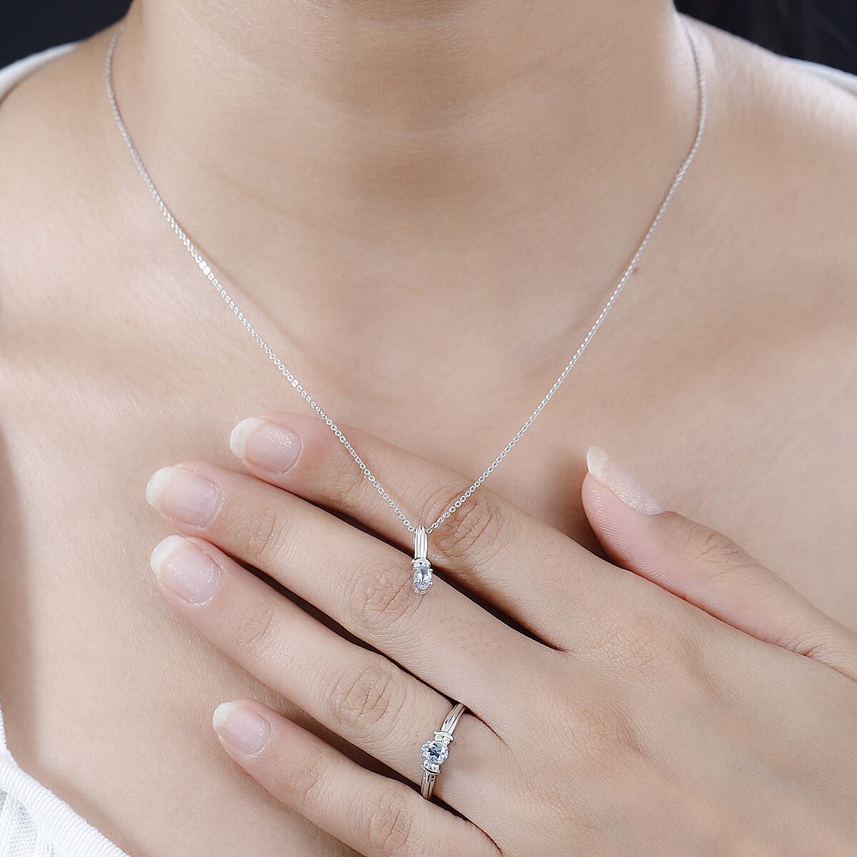 Santa Maria Aquamarine and White Zircon Ring (Size 7.0) and Pendant Necklace 20 Inches in Rhodium Over Sterling Silver 0.50 ctw image number 2
