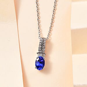 AAA Tanzanite and Diamond Pendant Necklace 20 Inches in Rhodium Over Sterling Silver 0.75 ctw