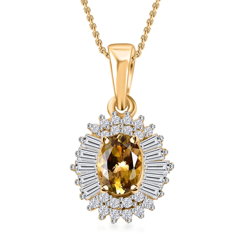 Golden Tanzanite and White Zircon Sunburst Pendant Necklace 20 Inches in 18K Vermeil Yellow Gold Over Sterling Silver 1.65 ctw