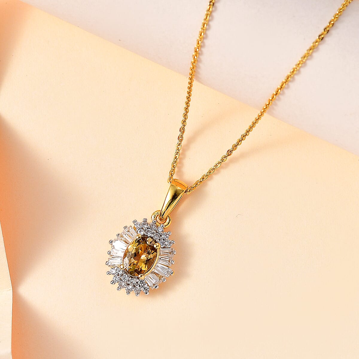 Golden Tanzanite and White Zircon Sunburst Pendant Necklace 20 Inches in 18K Vermeil Yellow Gold Over Sterling Silver 1.65 ctw image number 1