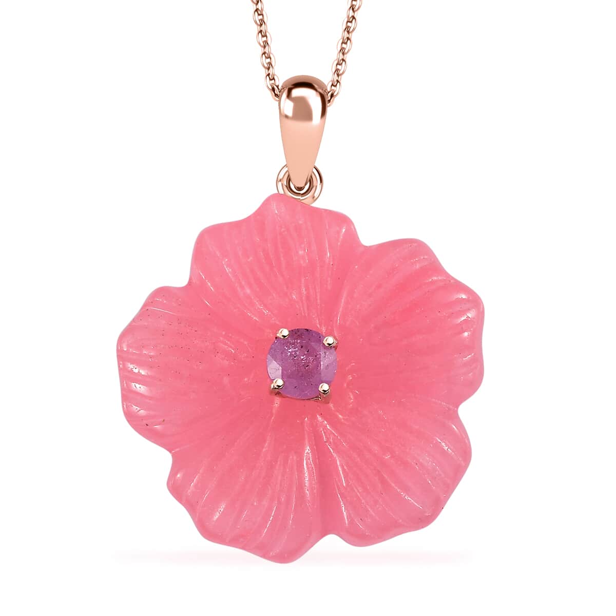 Pink Jade Carved (D) and Ilakaka Hot Pink Sapphire (FF) 40.80 ctw Primrose Floral Pendant Necklace in Vermeil Rose Gold Over Sterling Silver 20 Inches image number 0