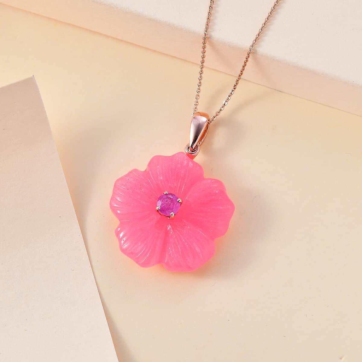 Pink Jade Carved (D) and Ilakaka Hot Pink Sapphire (FF) 40.80 ctw Primrose Floral Pendant Necklace in Vermeil Rose Gold Over Sterling Silver 20 Inches image number 1