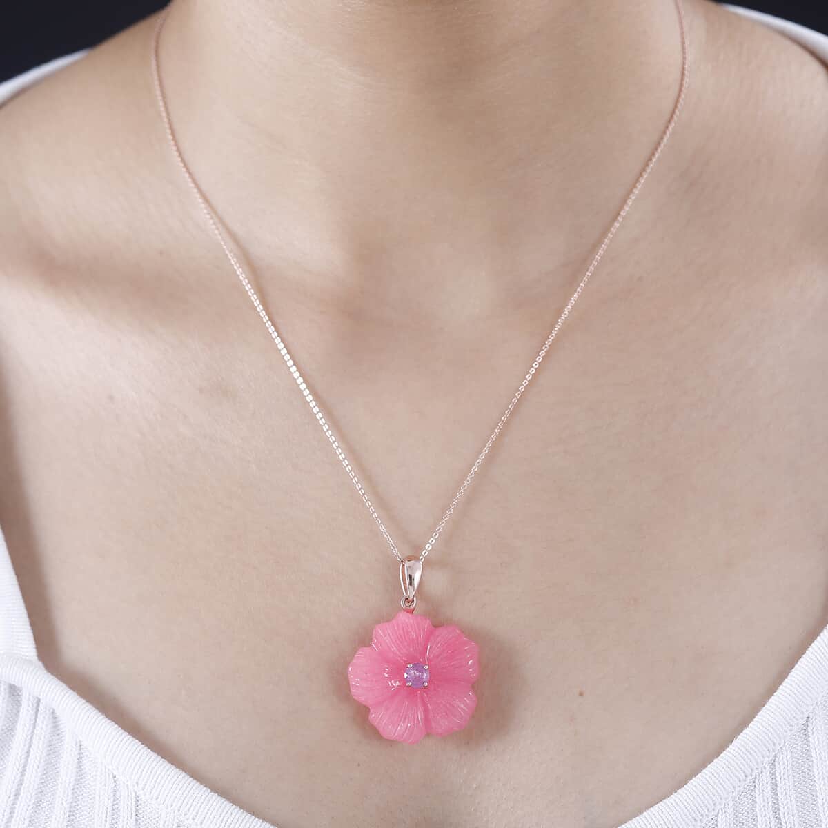 Pink Jade Carved (D) and Ilakaka Hot Pink Sapphire (FF) 40.80 ctw Primrose Floral Pendant Necklace in Vermeil Rose Gold Over Sterling Silver 20 Inches image number 2