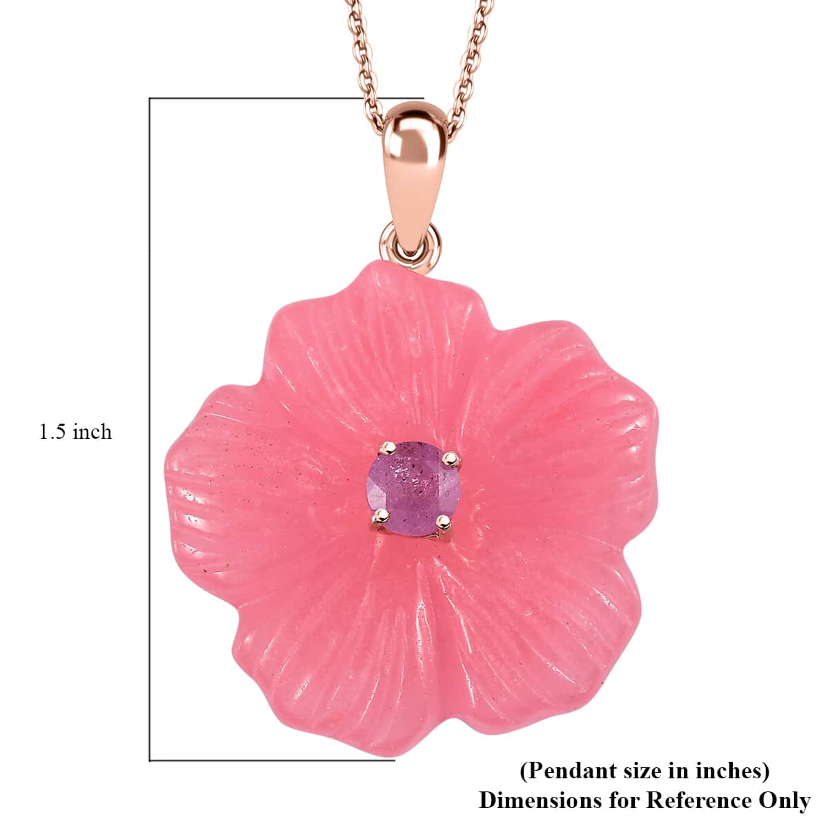 Pink Jade Carved (D) and Ilakaka Hot Pink Sapphire (FF) 40.80 ctw Primrose Floral Pendant Necklace in Vermeil Rose Gold Over Sterling Silver 20 Inches image number 6