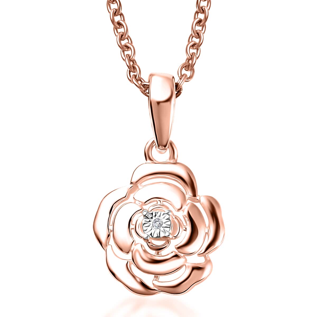 Diamond Accent Floral Pendant in 14K RG Over Sterling Silver with ION Plated RG Stainless Steel Chain 20 Inches image number 0