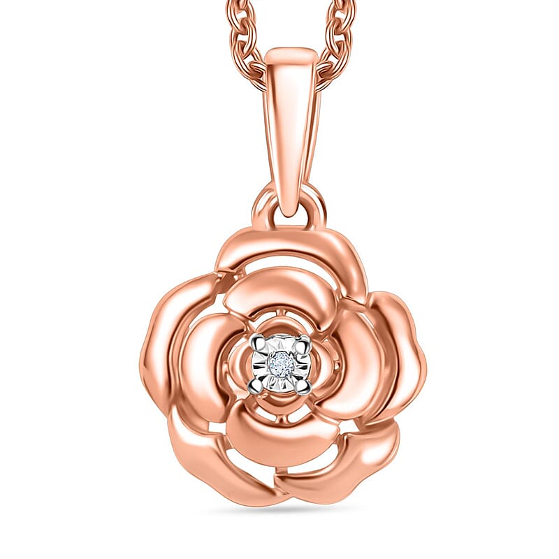 Diamond Accent Floral Pendant in 14K RG Over Sterling Silver with ION Plated RG Stainless Steel Necklace 20 Inches
