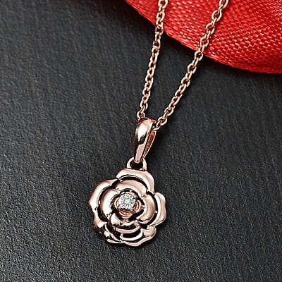 Diamond Accent Floral Pendant in 14K RG Over Sterling Silver with ION Plated RG Stainless Steel Necklace 20 Inches