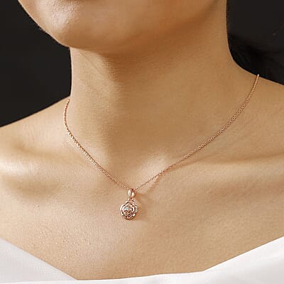 Diamond Accent Floral Pendant in 14K RG Over Sterling Silver with ION Plated RG Stainless Steel Necklace 20 Inches