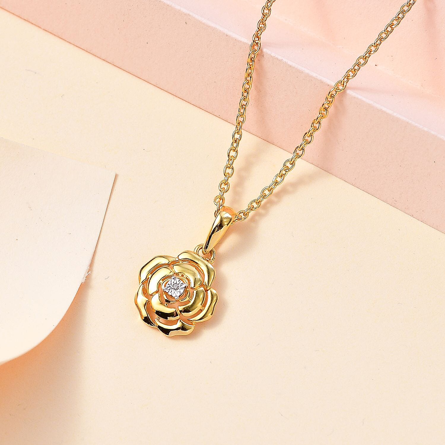 Diamond Accent Floral Pendant in 14K YG Over Sterling Silver with ION Plated YG Stainless Steel Chain 20 Inches