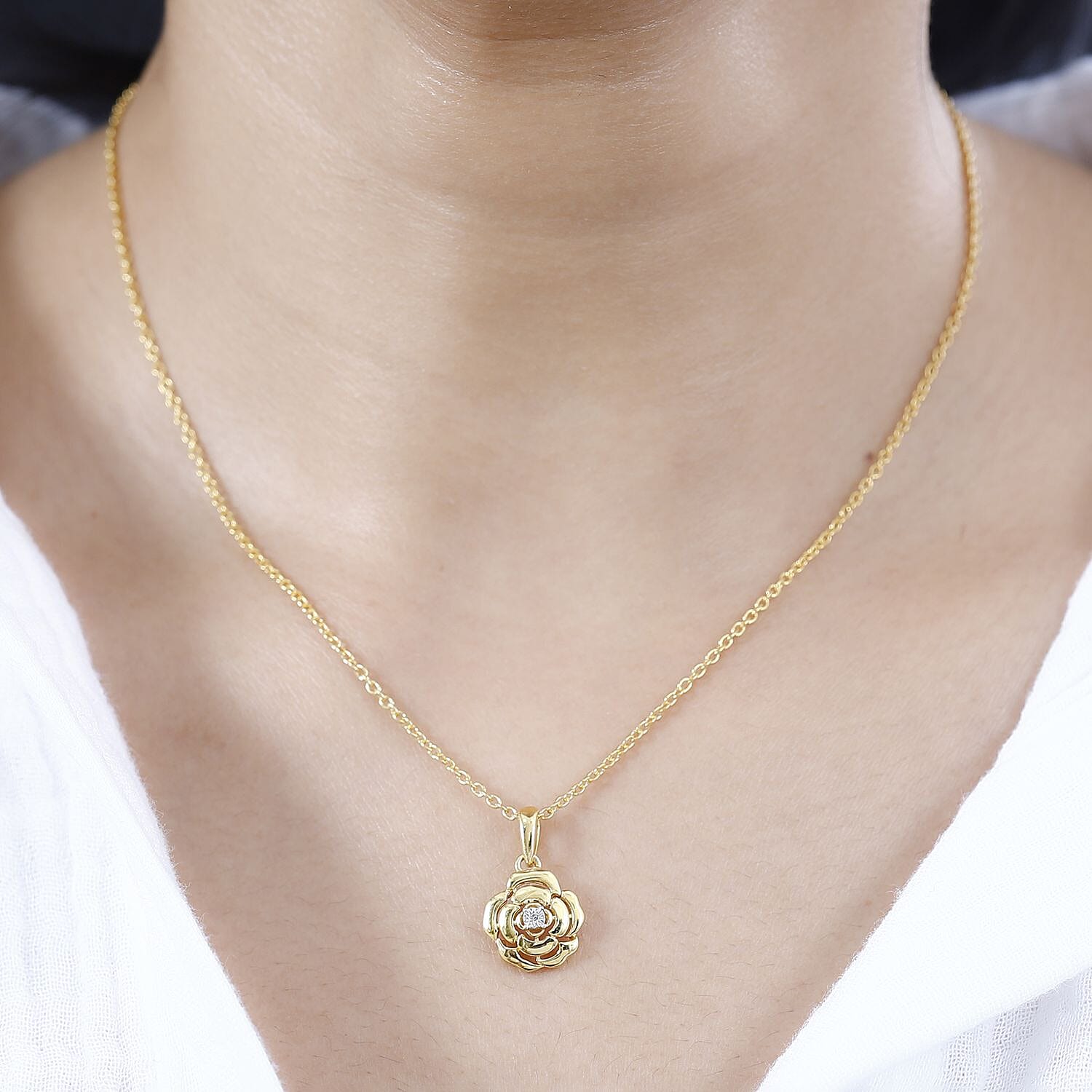Diamond Accent Floral Pendant in 14K YG Over Sterling Silver with ION Plated YG Stainless Steel Chain 20 Inches