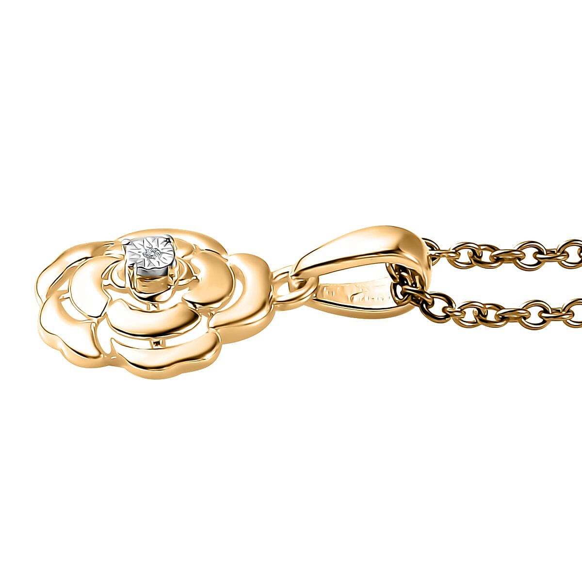 Diamond Accent Floral Pendant in 14K YG Over Sterling Silver with ION Plated YG Stainless Steel Chain 20 Inches
