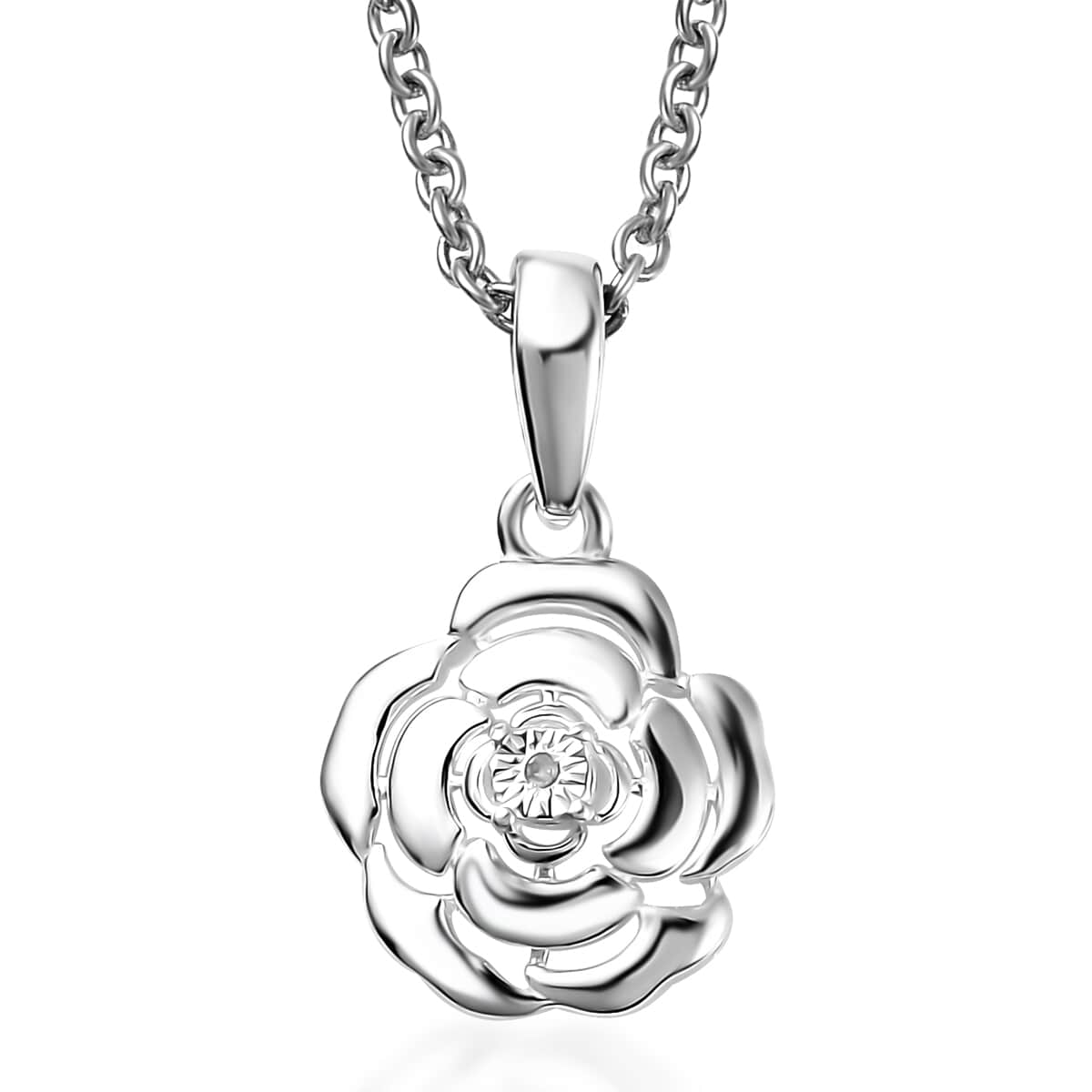 White Diamond Accent Floral Pendant in Sterling Silver with Stainless Steel Necklace 20 Inches image number 0