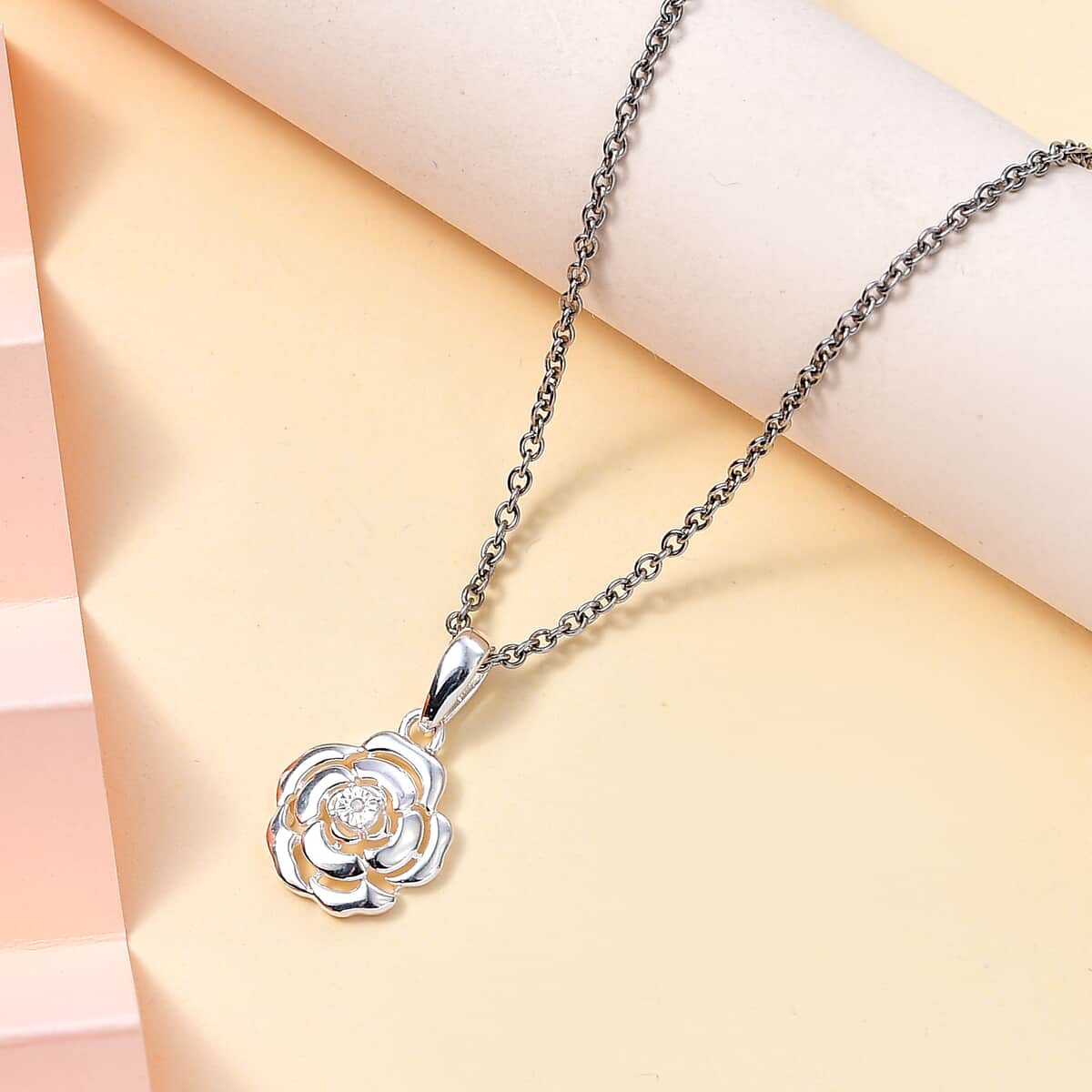 White Diamond Accent Floral Pendant in Sterling Silver with Stainless Steel Necklace 20 Inches image number 1