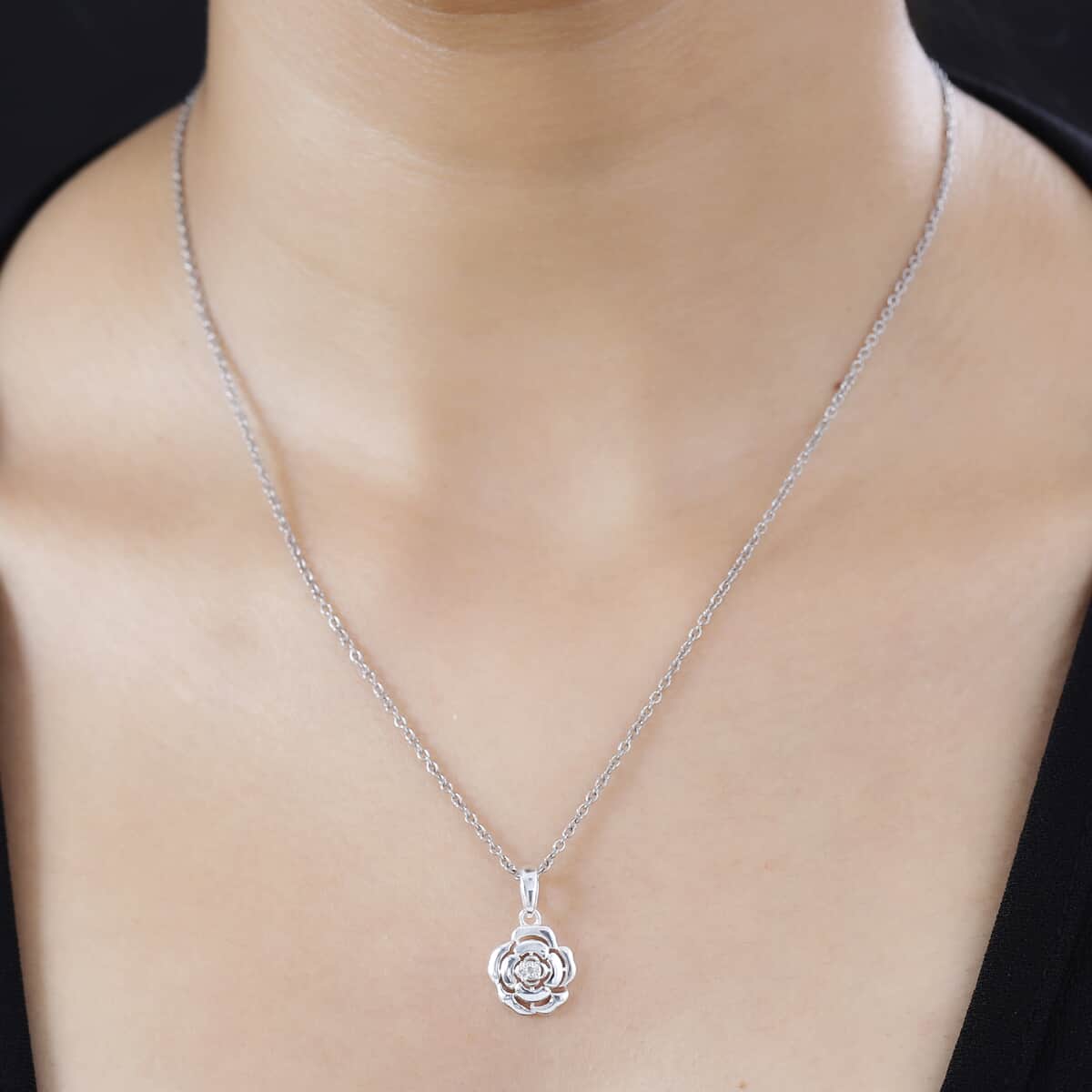 White Diamond Accent Floral Pendant in Sterling Silver with Stainless Steel Necklace 20 Inches image number 2