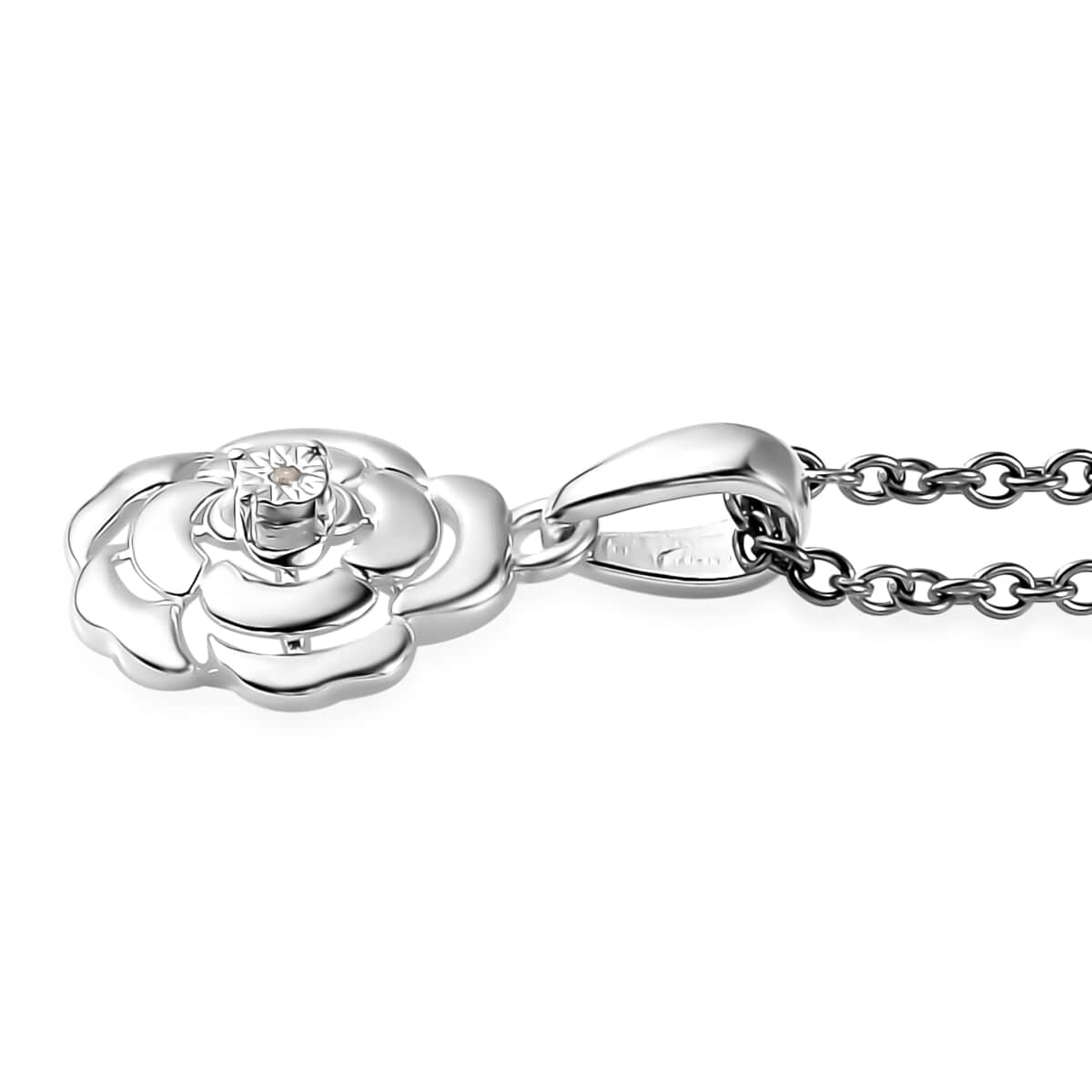 White Diamond Accent Floral Pendant in Sterling Silver with Stainless Steel Necklace 20 Inches image number 3