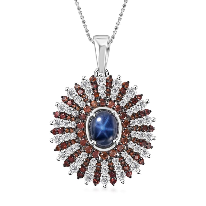 Blue Star Sapphire (DF), White and Brown Zircon Star Ray Pendant Necklace 18-20 Inches in Platinum Over Sterling Silver 7.35 ctw