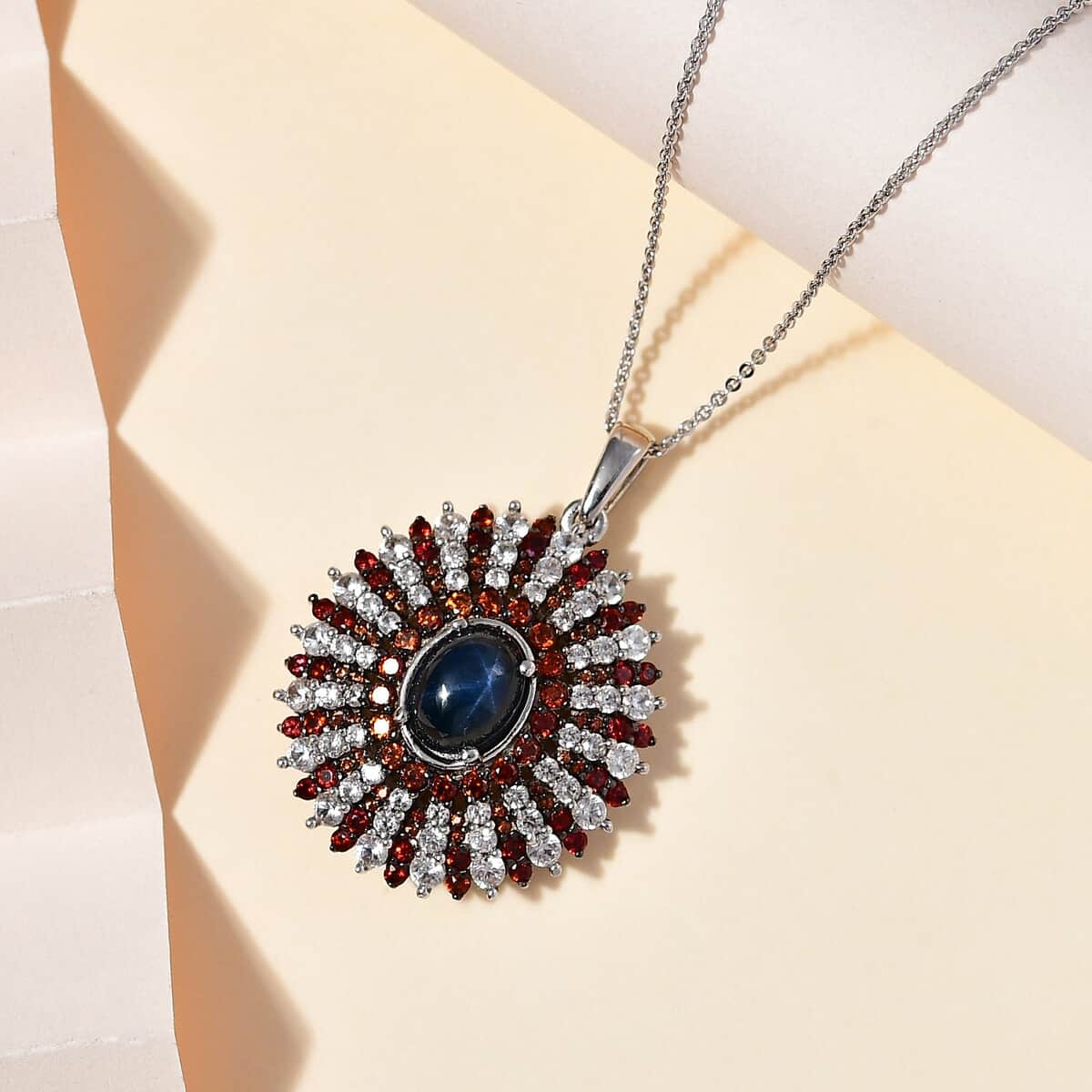 Blue Star Sapphire (DF), White and Brown Zircon Star Ray Pendant Necklace 18-20 Inches in Platinum Over Sterling Silver 7.35 ctw image number 1