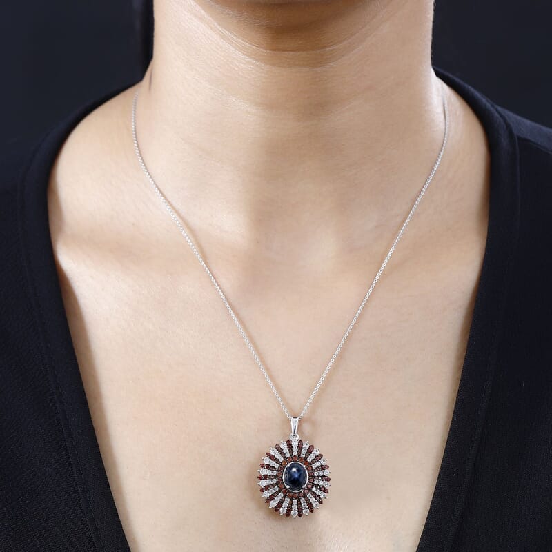 Blue Star Sapphire (DF), White and Brown Zircon Star Ray Pendant Necklace 18-20 Inches in Platinum Over Sterling Silver 7.35 ctw