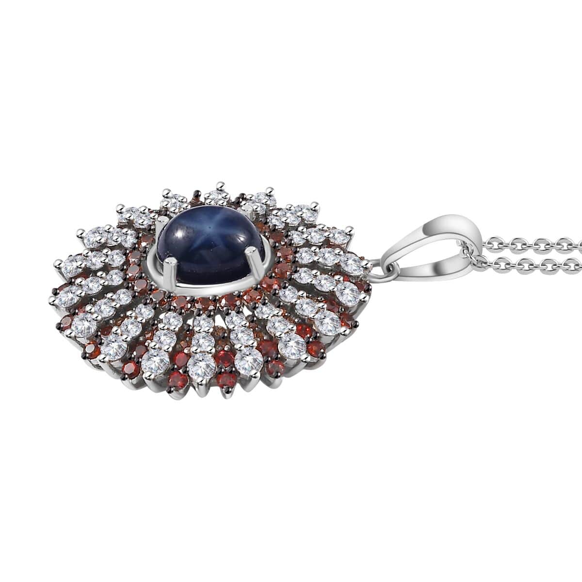 Blue Star Sapphire (DF), White and Brown Zircon Star Ray Pendant Necklace 18-20 Inches in Platinum Over Sterling Silver 7.35 ctw image number 3