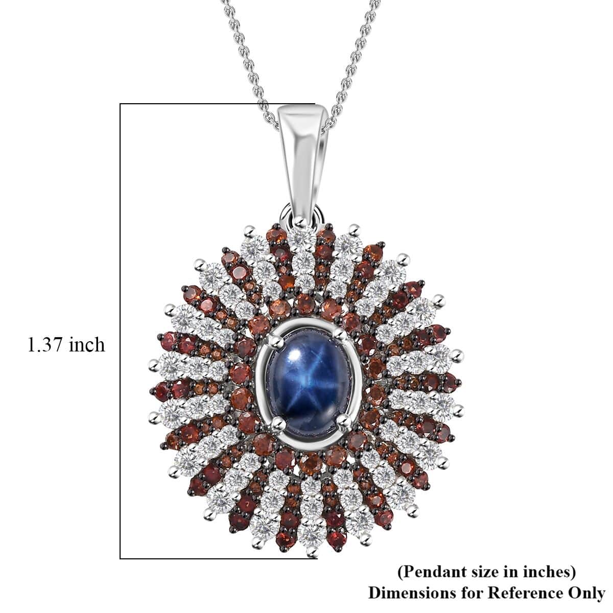 Blue Star Sapphire (DF), White and Brown Zircon Star Ray Pendant Necklace 18-20 Inches in Platinum Over Sterling Silver 7.35 ctw image number 6