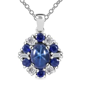 Blue Star Sapphire (DF) and Multi Gemstone 4.90 ctw Midnight Halo Pendant Necklace in Platinum Over Sterling Silver 20 Inches