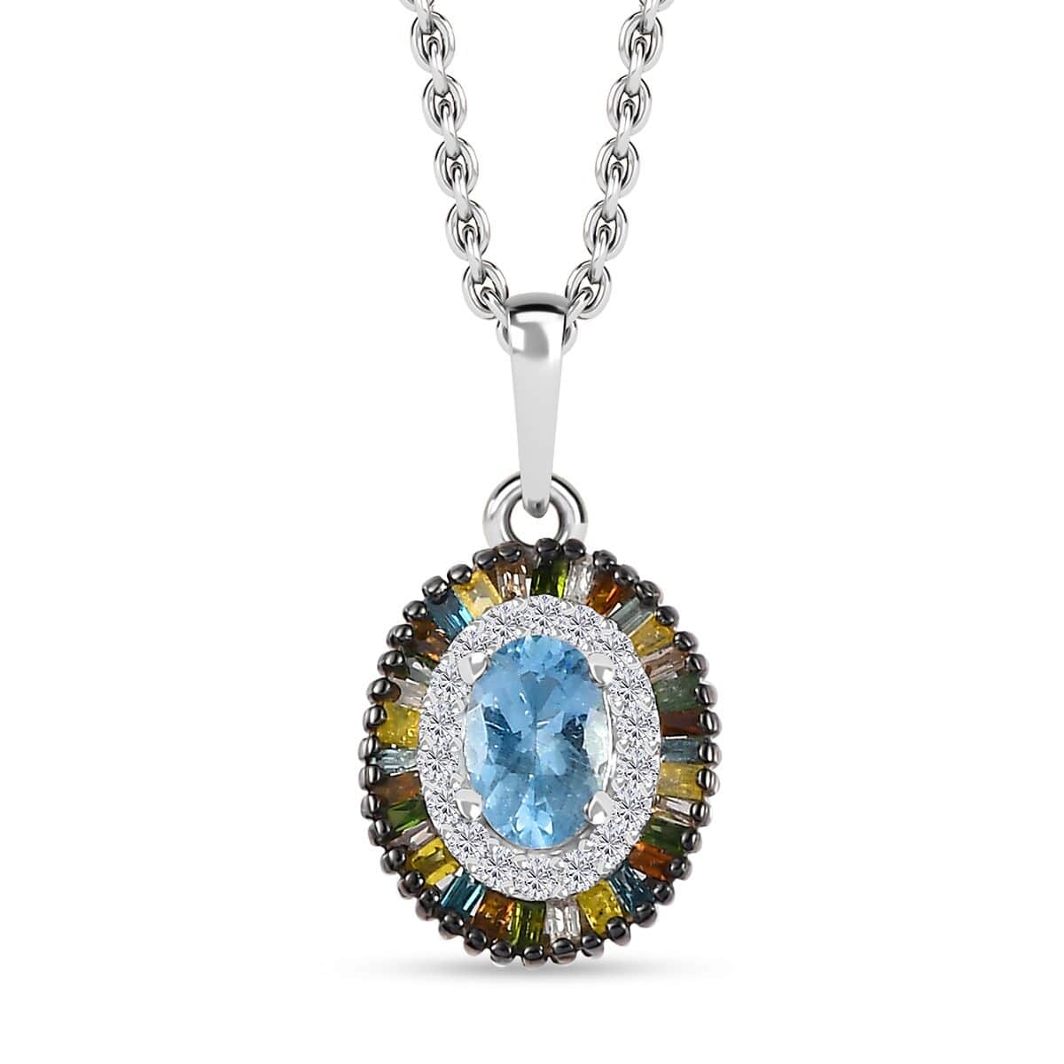 Santa Maria Aquamarine and Multi Diamond Double Halo Rainbow Pendant Necklace 20 Inches in Rhodium Over Sterling Silver 0.75 ctw image number 0