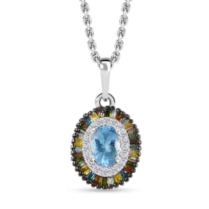 Santa Maria Aquamarine and Multi Diamond Double Halo Rainbow Pendant Necklace 20 Inches in Rhodium Over Sterling Silver 0.75 ctw