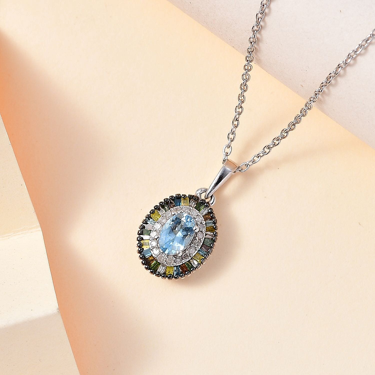 Santa Maria Aquamarine and Multi Diamond Double Halo Rainbow Pendant Necklace 20 Inches in Rhodium Over Sterling Silver 0.75 ctw