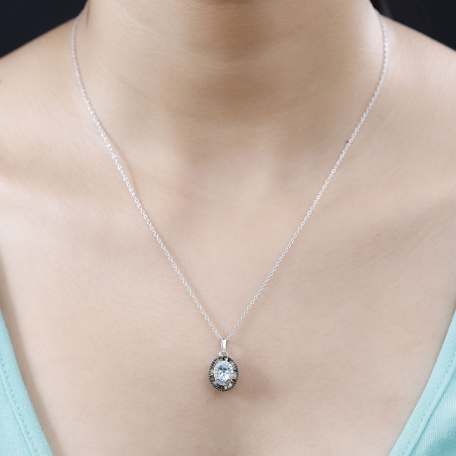 Santa Maria Aquamarine and Multi Diamond Double Halo Rainbow Pendant Necklace 20 Inches in Rhodium Over Sterling Silver 0.75 ctw