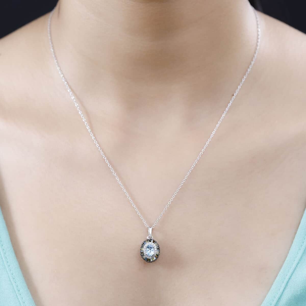 Santa Maria Aquamarine and Multi Diamond Double Halo Rainbow Pendant Necklace 20 Inches in Rhodium Over Sterling Silver 0.75 ctw image number 2