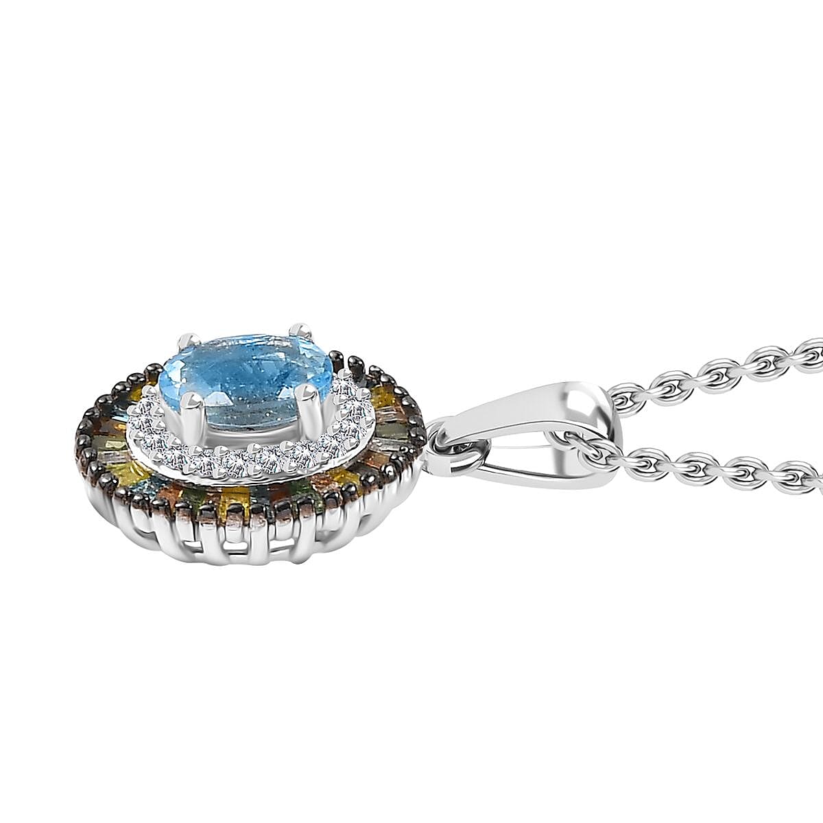 Santa Maria Aquamarine and Multi Diamond Double Halo Rainbow Pendant Necklace 20 Inches in Rhodium Over Sterling Silver 0.75 ctw