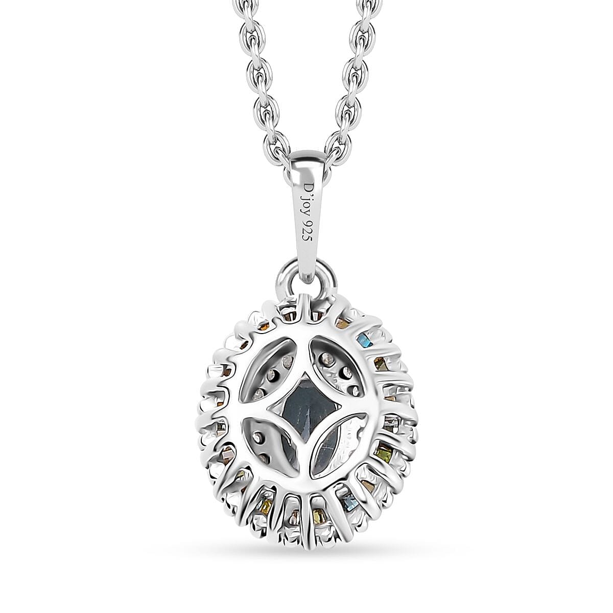 Santa Maria Aquamarine and Multi Diamond Double Halo Rainbow Pendant Necklace 20 Inches in Rhodium Over Sterling Silver 0.75 ctw