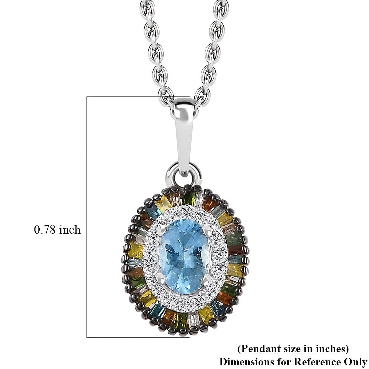 Santa Maria Aquamarine and Multi Diamond Double Halo Rainbow Pendant Necklace 20 Inches in Rhodium Over Sterling Silver 0.75 ctw
