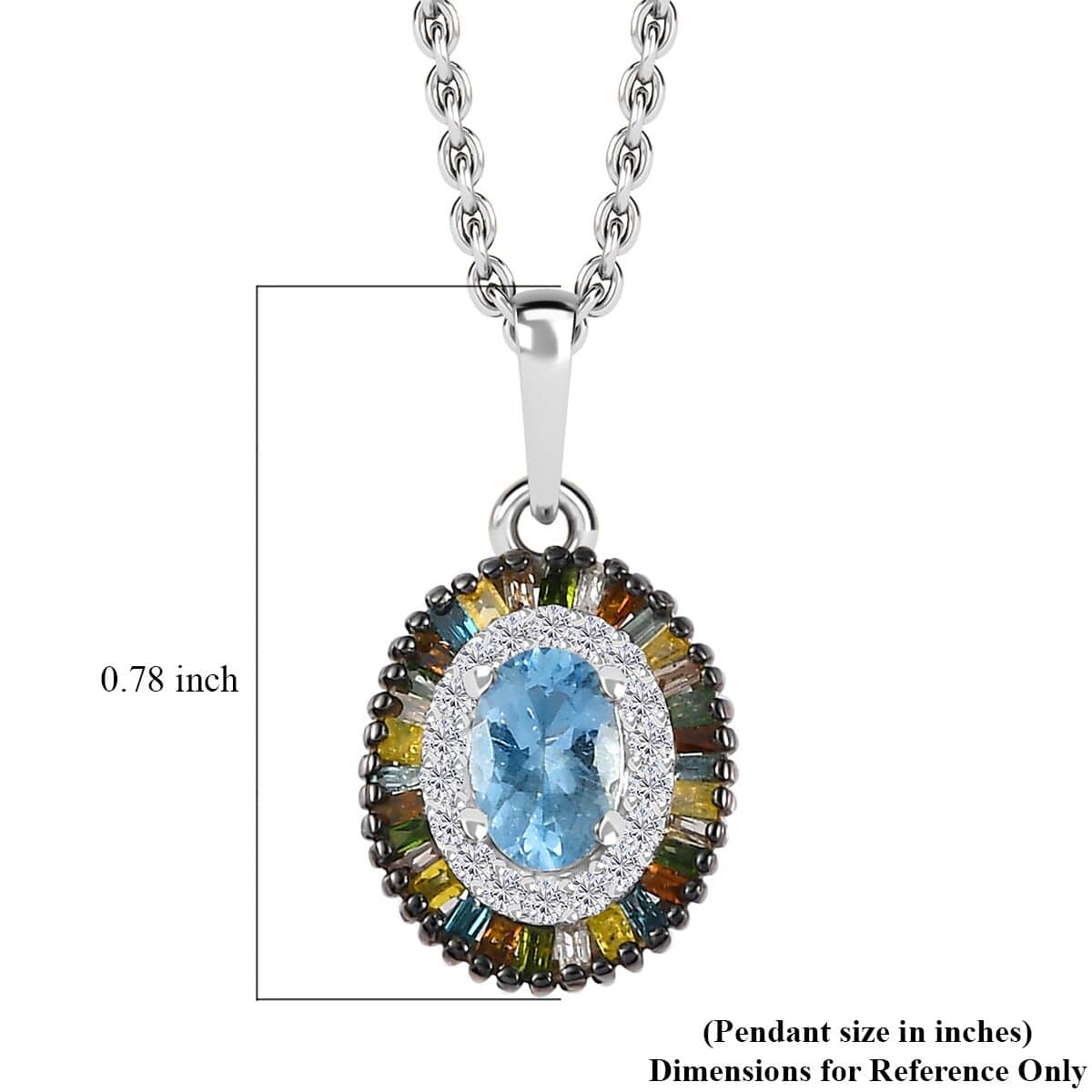 Santa Maria Aquamarine and Multi Diamond Double Halo Rainbow Pendant Necklace 20 Inches in Rhodium Over Sterling Silver 0.75 ctw image number 5