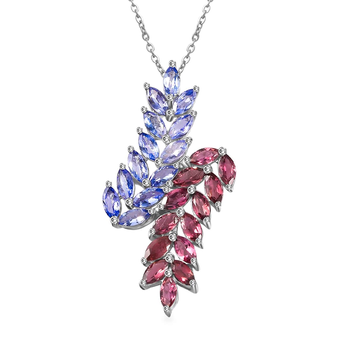 Tanzanite and Morro Redondo Pink Tourmaline Bypass Fern Leaf Pendant Necklace 20 Inches in Rhodium Over Sterling Silver 3.50 ctw image number 0