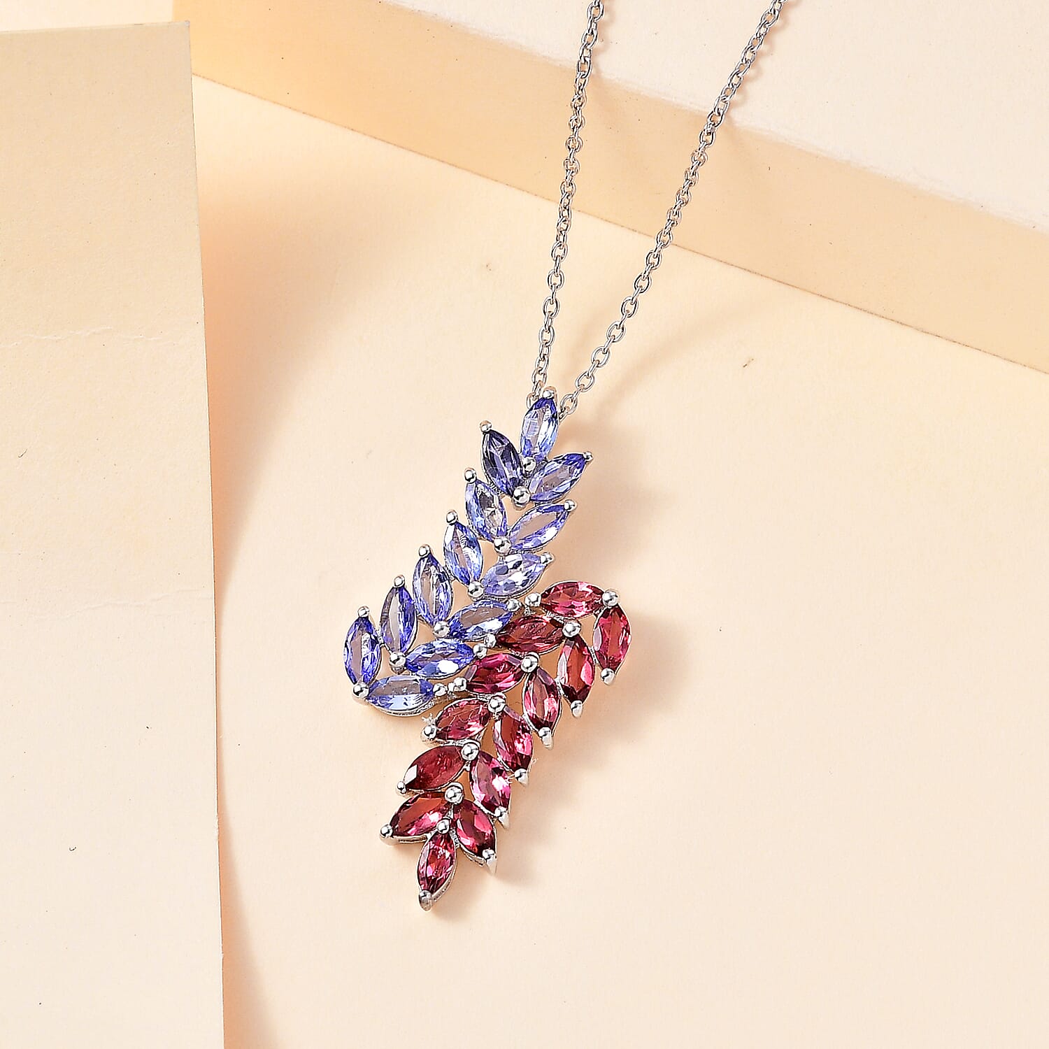Tanzanite and Morro Redondo Pink Tourmaline 3.50 ctw Bypass Fern Leaf Pendant Necklace 20 Inches in Rhodium Over Sterling Silver 