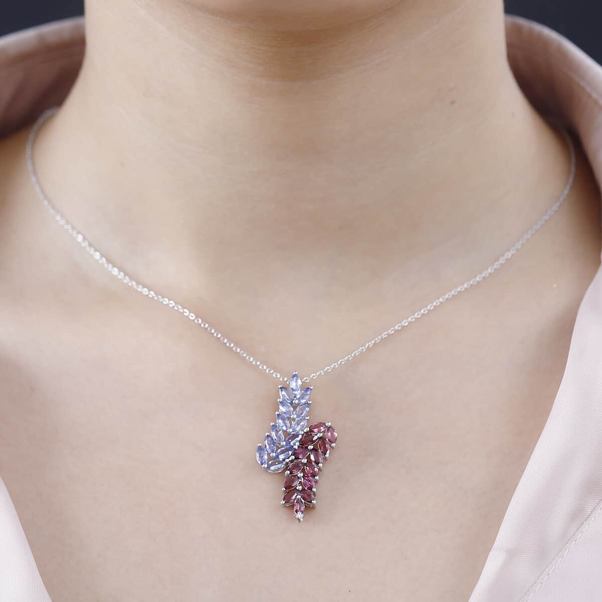 Tanzanite and Morro Redondo Pink Tourmaline Bypass Fern Leaf Pendant Necklace 20 Inches in Rhodium Over Sterling Silver 3.50 ctw image number 2