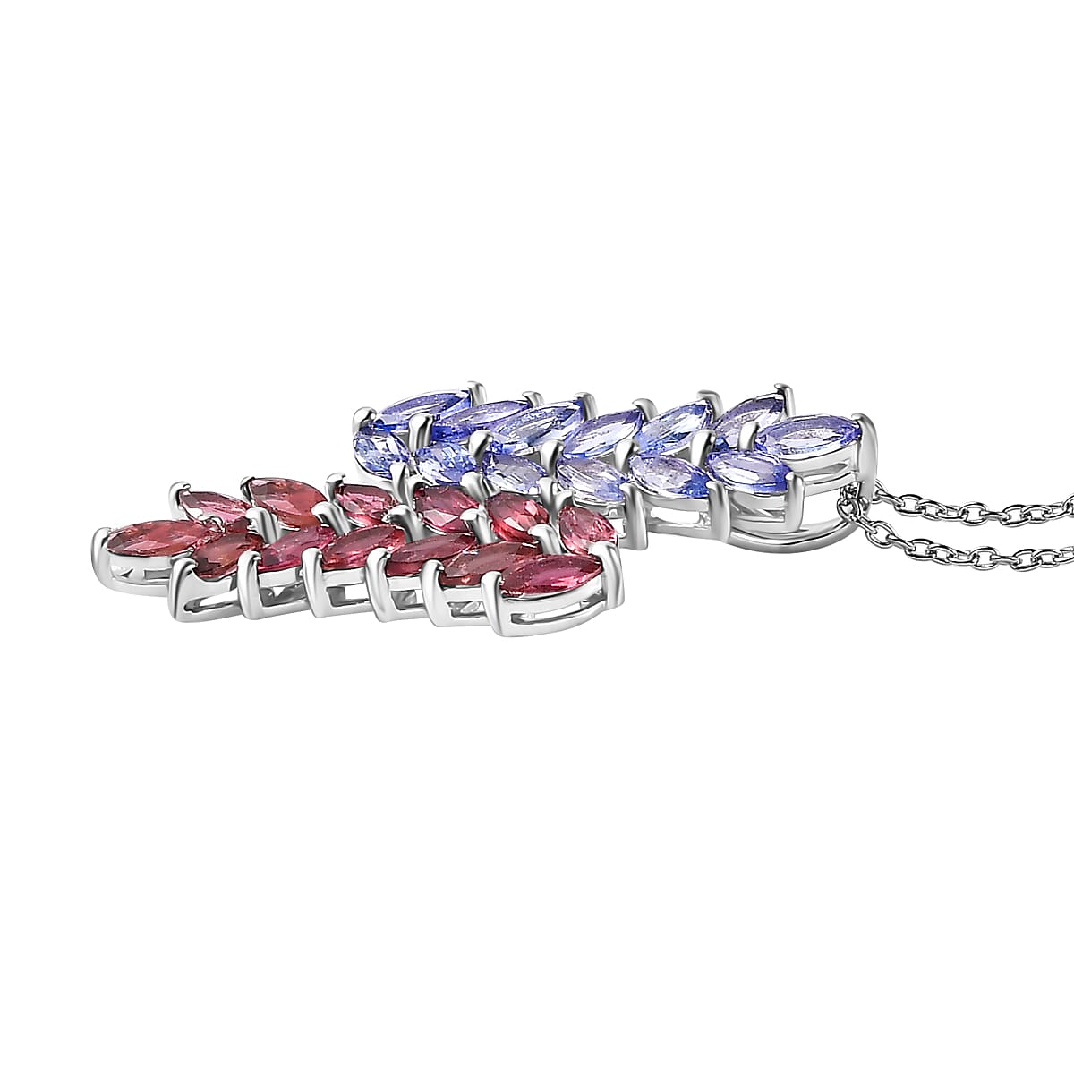 Tanzanite and Morro Redondo Pink Tourmaline 3.50 ctw Bypass Fern Leaf Pendant Necklace 20 Inches in Rhodium Over Sterling Silver 