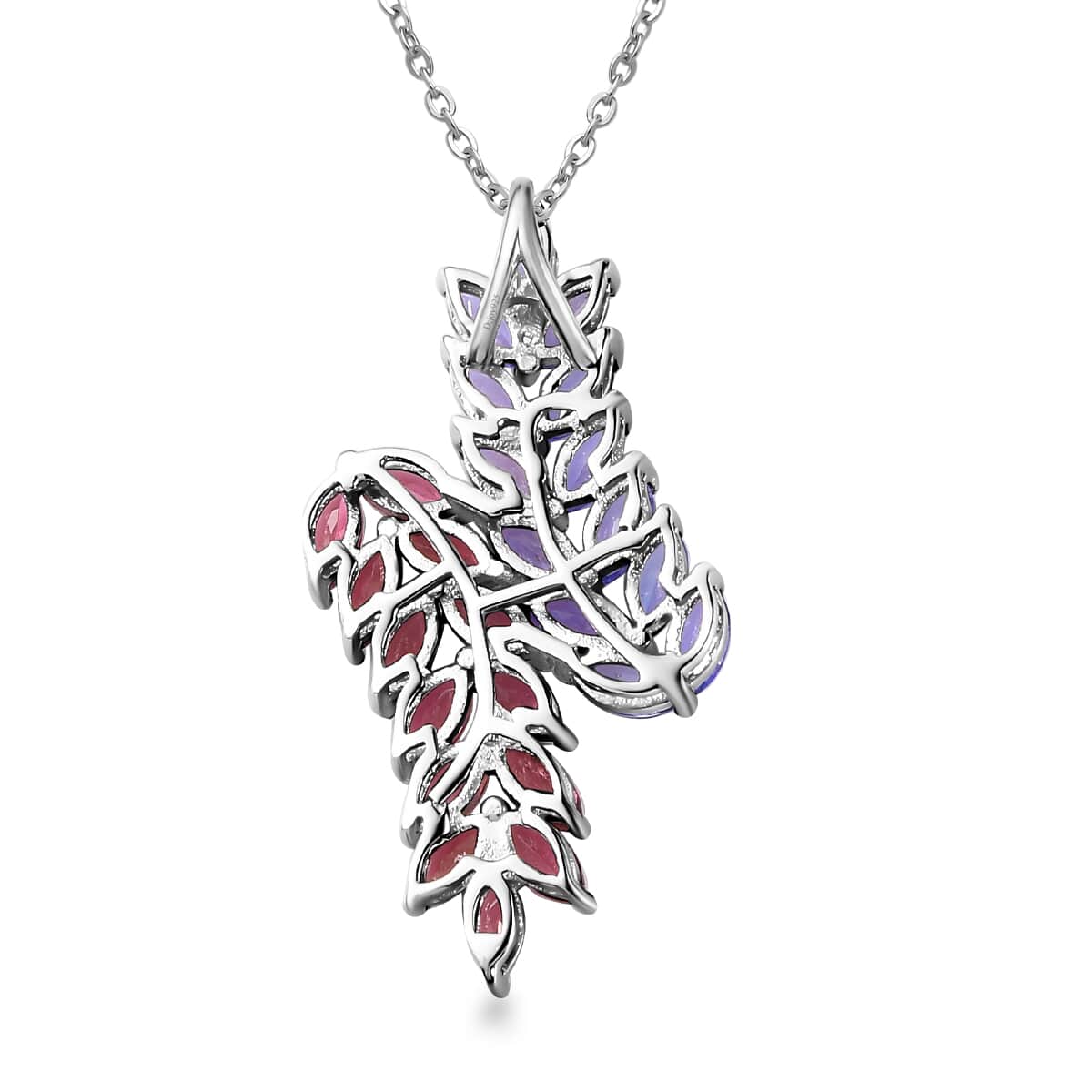 Tanzanite and Morro Redondo Pink Tourmaline Bypass Fern Leaf Pendant Necklace 20 Inches in Rhodium Over Sterling Silver 3.50 ctw image number 4