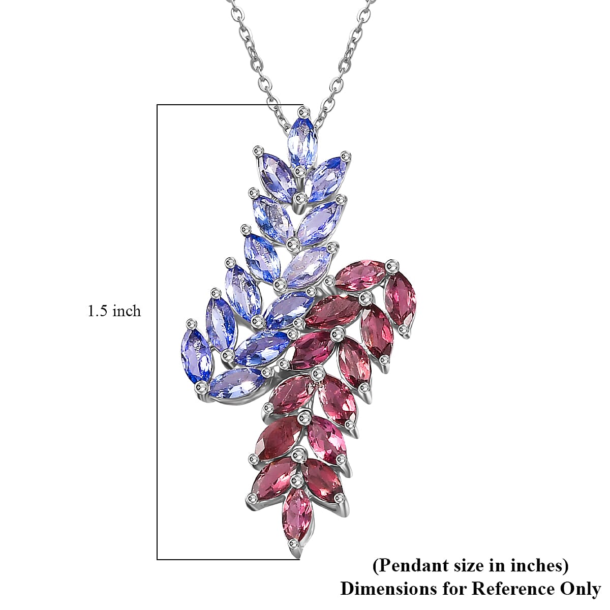 Tanzanite and Morro Redondo Pink Tourmaline 3.50 ctw Bypass Fern Leaf Pendant Necklace 20 Inches in Rhodium Over Sterling Silver 